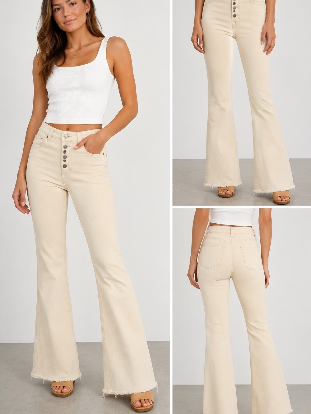 RE Generation Flare Jeans Women’s Size 7/28 Beige Button Fly Raw Hem Stretch